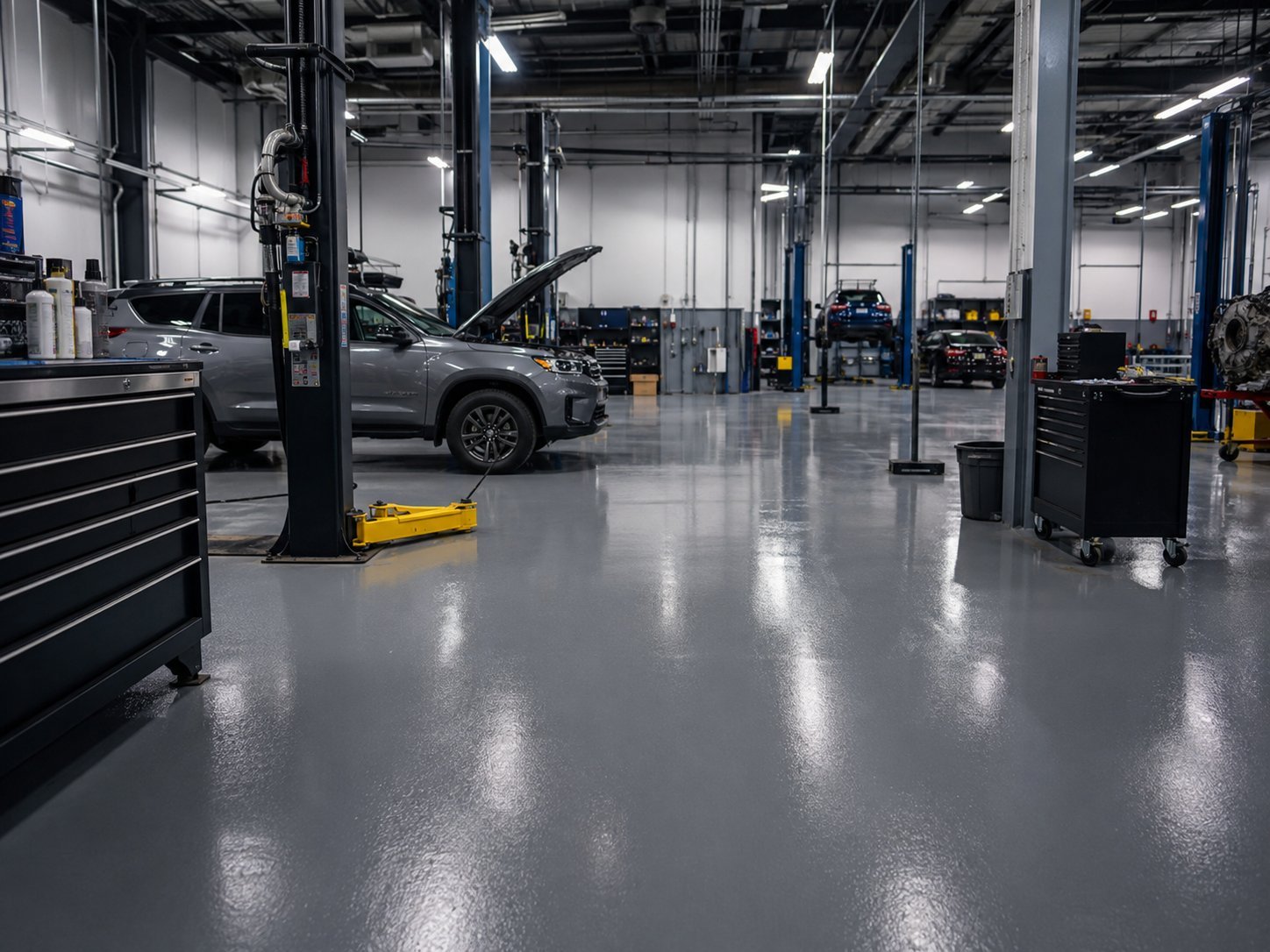 Plancher de béton recouvert d'époxy gris dans un atelier mécanique automobile à Boisbriand