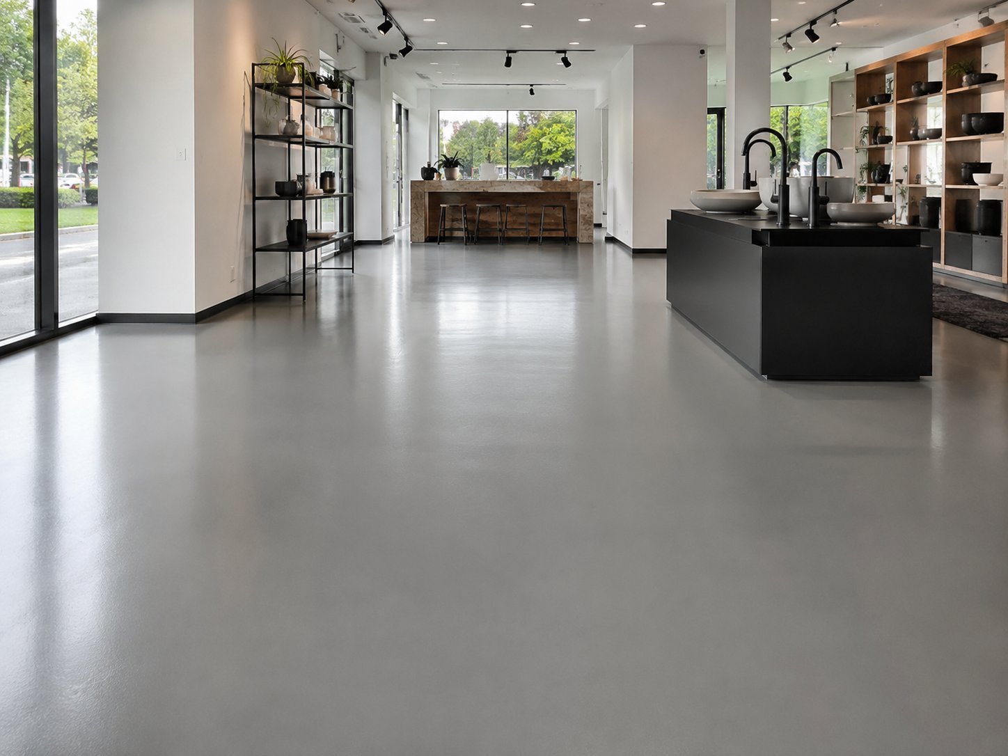 Revêtement de plancher en époxy commercial gris dans une salle de montre