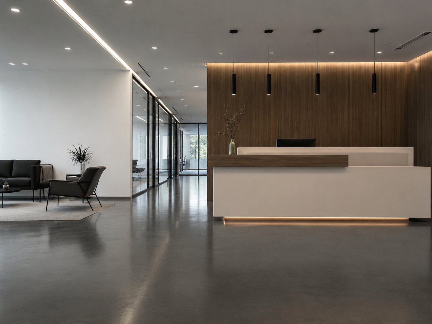 Plancher en époxy uni gris poli dans un bureau moderne